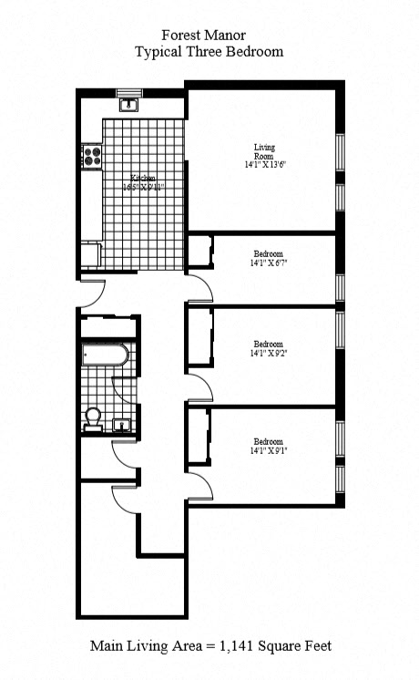 Floor plan for 3 beds, 1 bath
